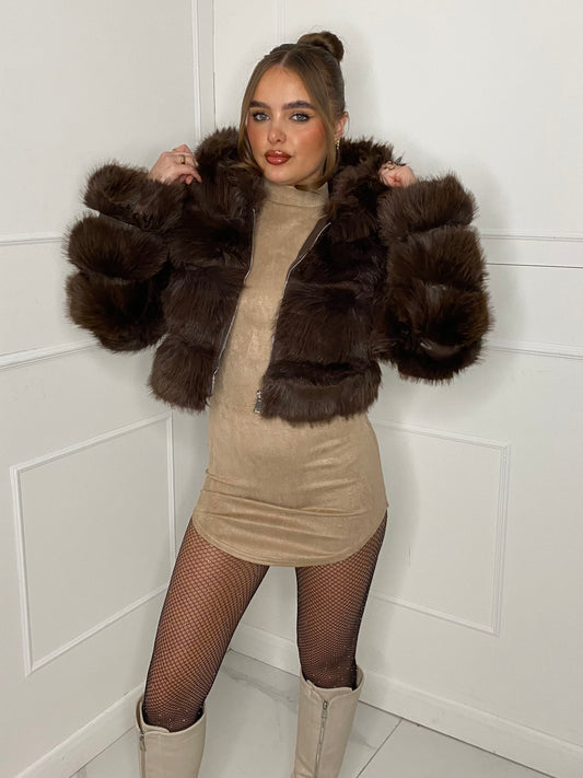 Hooded Faux Fur Jacket- Brown