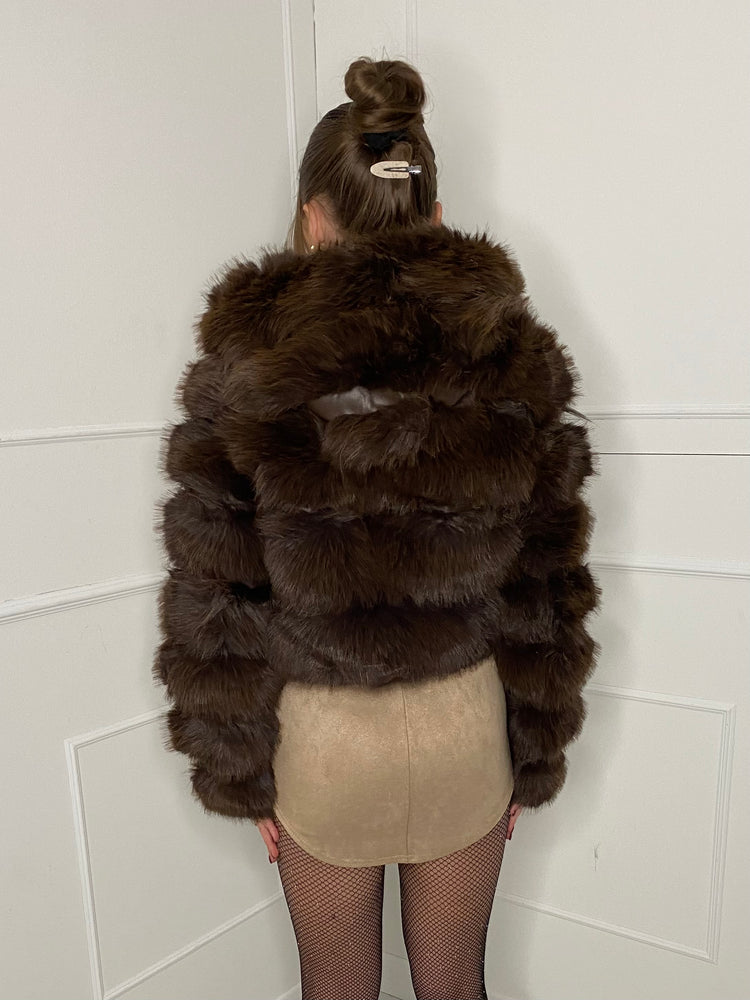 Hooded Faux Fur Jacket- Brown