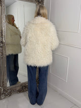 Long Collared Faux Fur Jacket - Cream