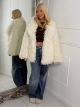 Long Collared Faux Fur Jacket - Cream