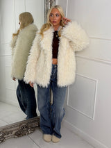 Long Collared Faux Fur Jacket - Cream