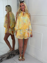Twist Neck Detail Open Sleeve Flowy Top & Mini Shorts Co-Ord - Yellow Multi