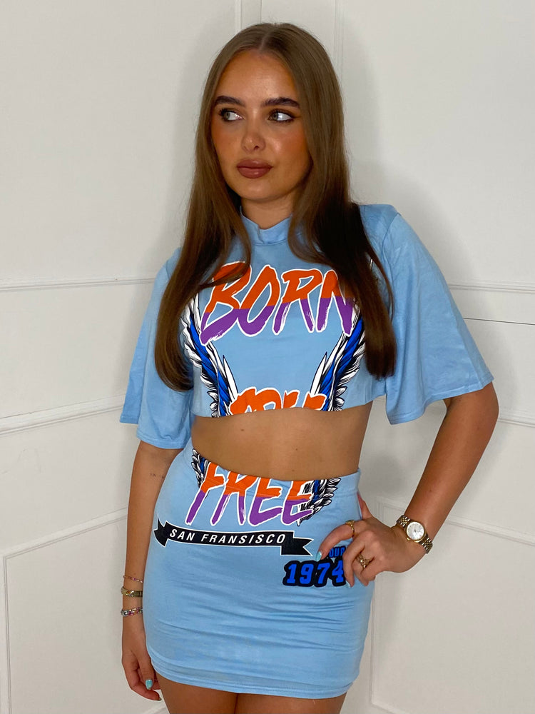 Cropped T-Shirt Co-ord - Baby Blue Born Free Print