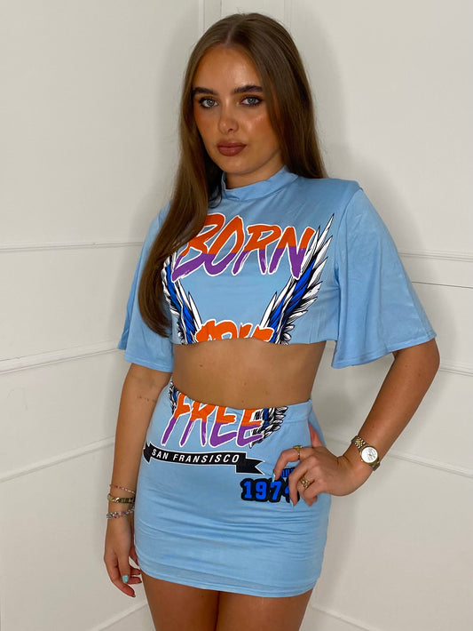 Cropped T-Shirt Co-ord - Baby Blue Born Free Print