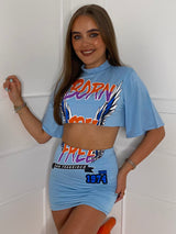 Cropped T-Shirt Co-ord - Baby Blue Born Free Print