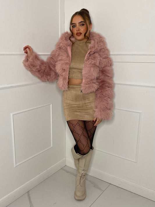 Hooded Faux Fur Jacket- Baby Pink