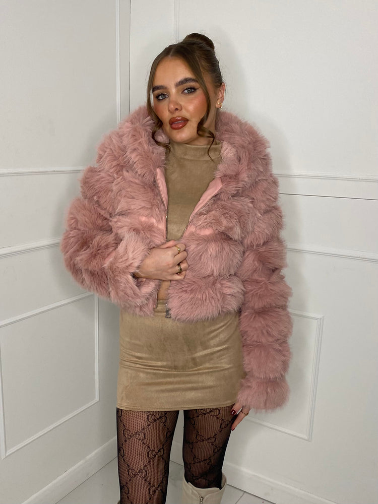 Hooded Faux Fur Jacket- Baby Pink