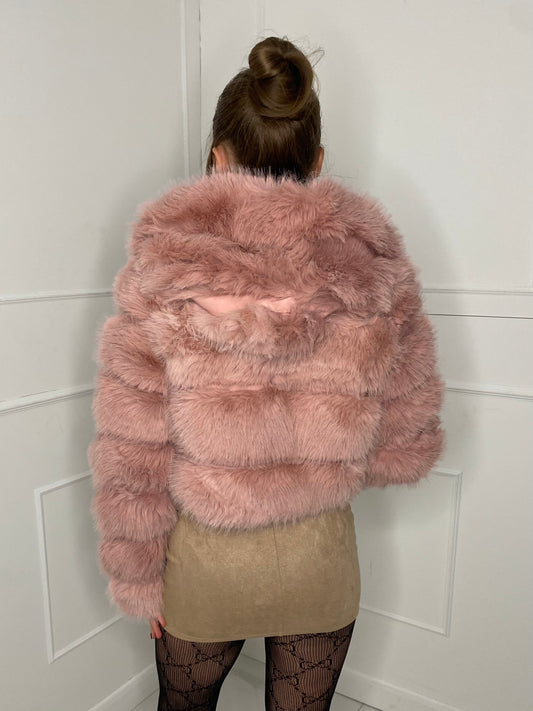 Hooded Faux Fur Jacket- Baby Pink