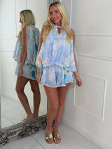 Twist Neck Detail Open Sleeve Flowy Top & Mini Shorts Co-Ord - Blue Multi