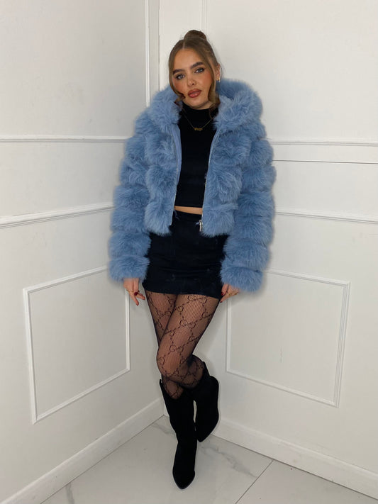 Hooded Faux Fur Jacket- Blue/Grey