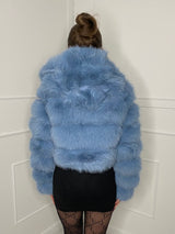 Hooded Faux Fur Jacket- Blue/Grey