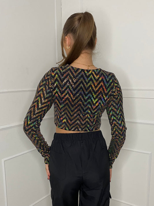 Zigzag Sequin Padded Shoulder Top - Gold Zigzag