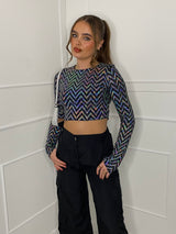 Holographic Sequin Padded Shoulder Top - Silver Zigzag