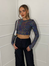 Holographic Sequin Padded Shoulder Top - Silver Zigzag