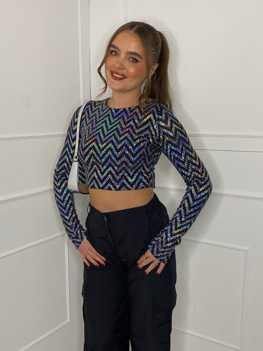 Holographic Sequin Padded Shoulder Top - Silver Zigzag