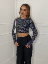Holographic Sequin Padded Shoulder Top - Silver Zigzag