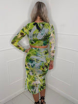 Mesh Printed Long Skirt Co-Ord - Green/Multi