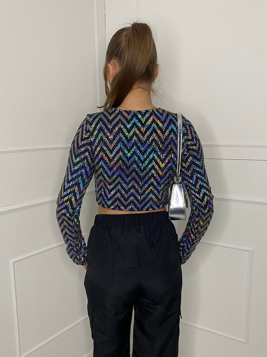 Zigzag Sequin Padded Shoulder Top - Silver Zigzag