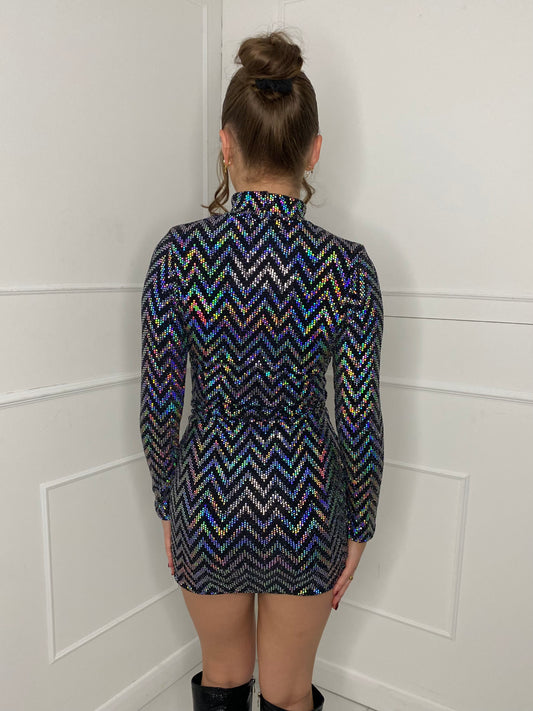 Holographic Sequin Padded Shoulder Dress - Silver Zigzag