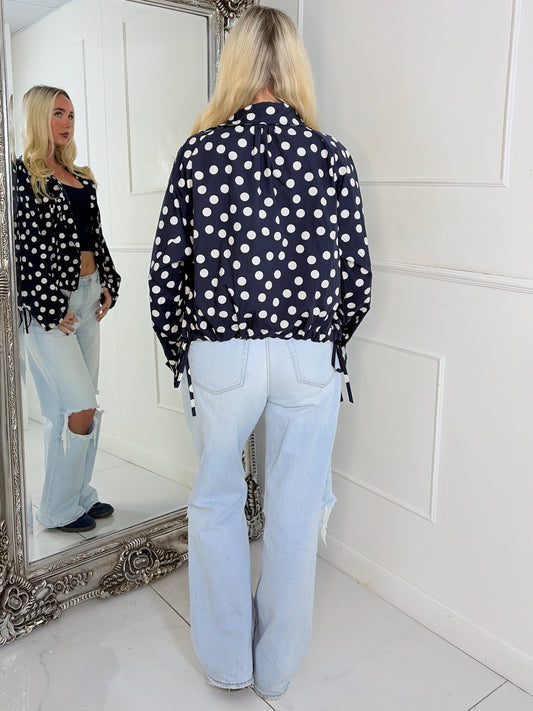 Button Up Oversized Polka Dot Lightweight Jacket - Navy