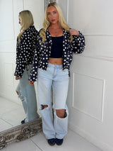 Button Up Oversized Polka Dot Lightweight Jacket - Navy
