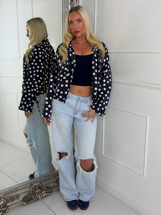 Button Up Oversized Polka Dot Lightweight Jacket - Navy