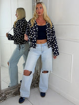 Button Up Oversized Polka Dot Lightweight Jacket - Navy