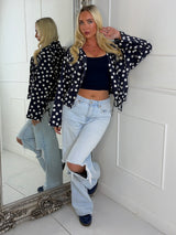 Button Up Oversized Polka Dot Lightweight Jacket - Navy