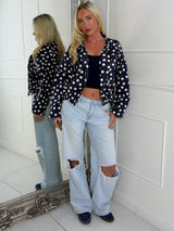 Button Up Oversized Polka Dot Lightweight Jacket - Navy