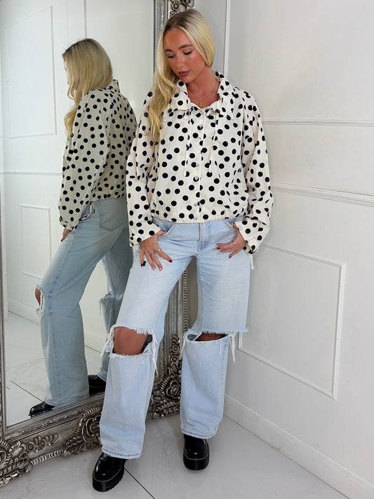 Button Up Oversized Polka Dot Lightweight Jacket - White