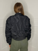 Ruched Sleeve Bomber Jacket - Black