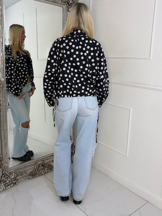 Button Up Oversized Polka Dot Lightweight Jacket - Black