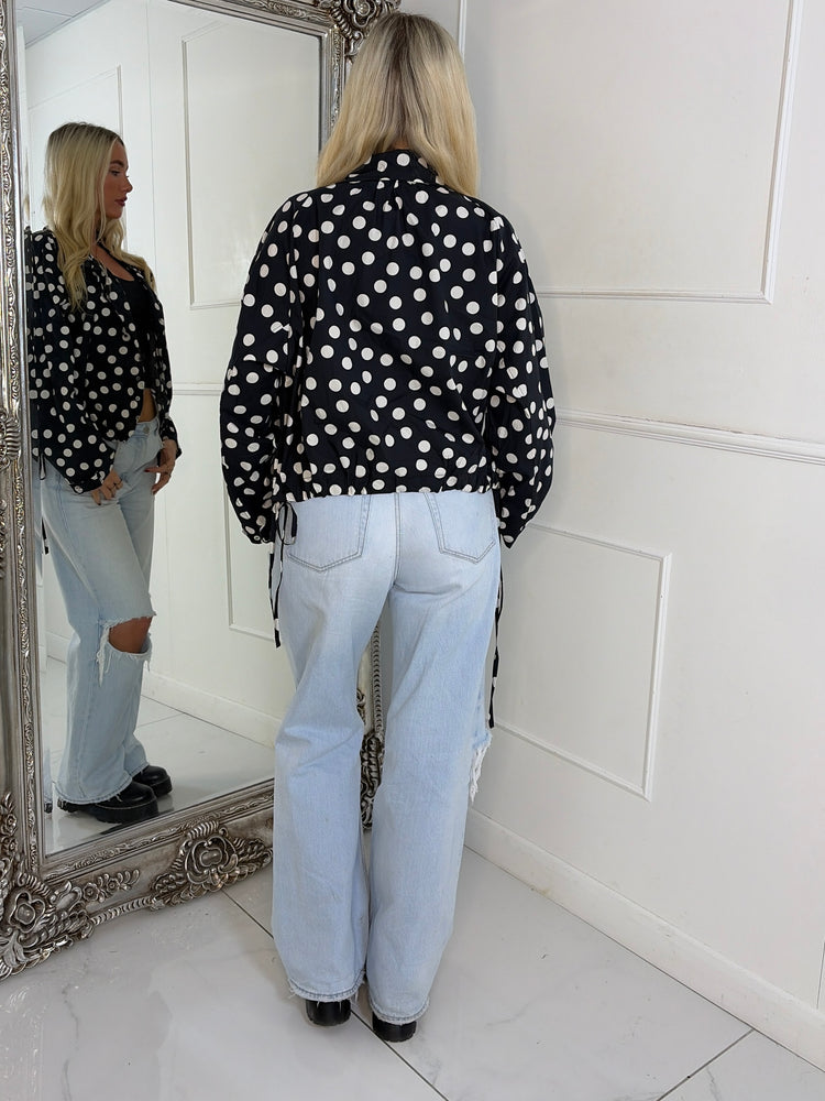 Button Up Oversized Polka Dot Lightweight Jacket - Black