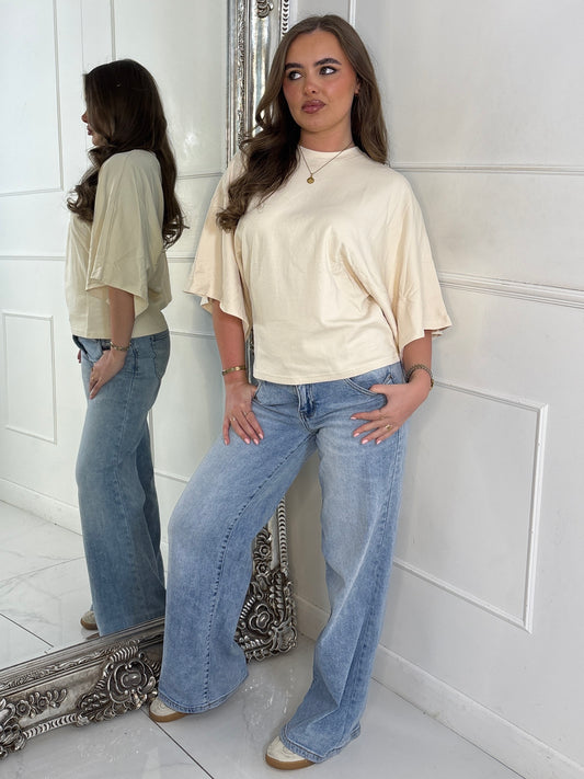 Baggy Oversized Cinch Waist T-Shirt - Light Beige