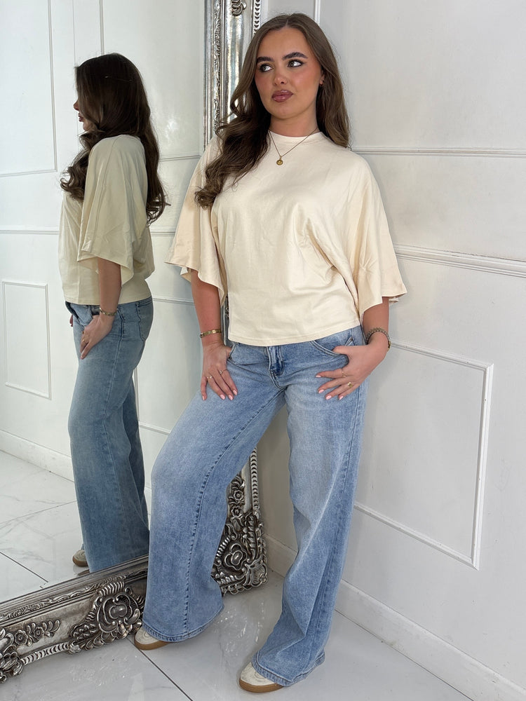 Baggy Oversized Cinch Waist T-Shirt - Light Beige