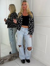 Button Up Oversized Polka Dot Lightweight Jacket - Black