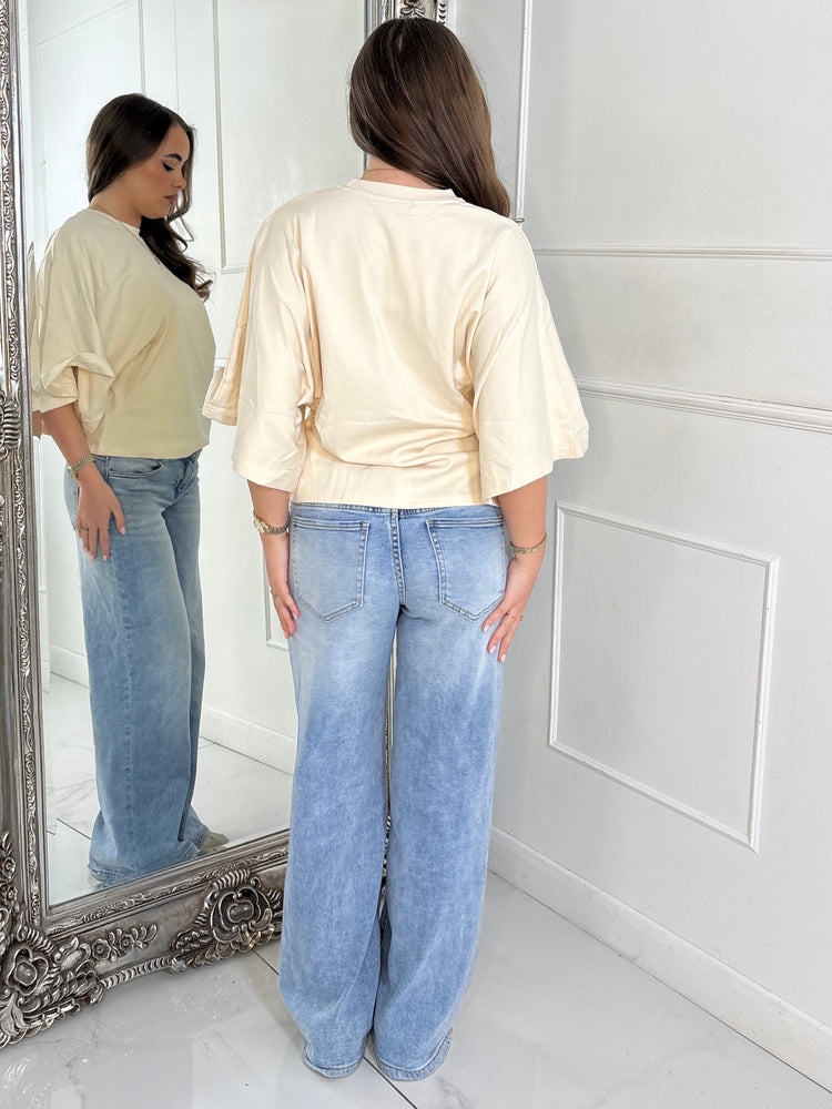 Baggy Oversized Cinch Waist T-Shirt - Light Beige
