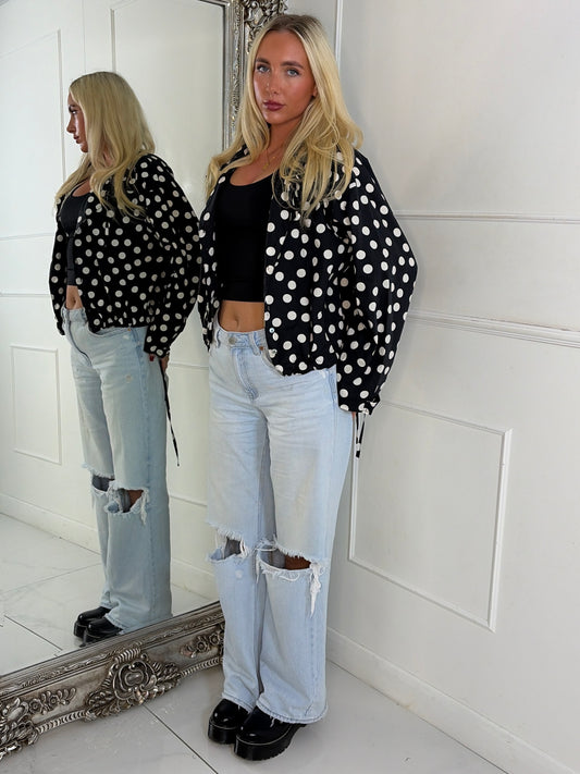 Button Up Oversized Polka Dot Lightweight Jacket - Black