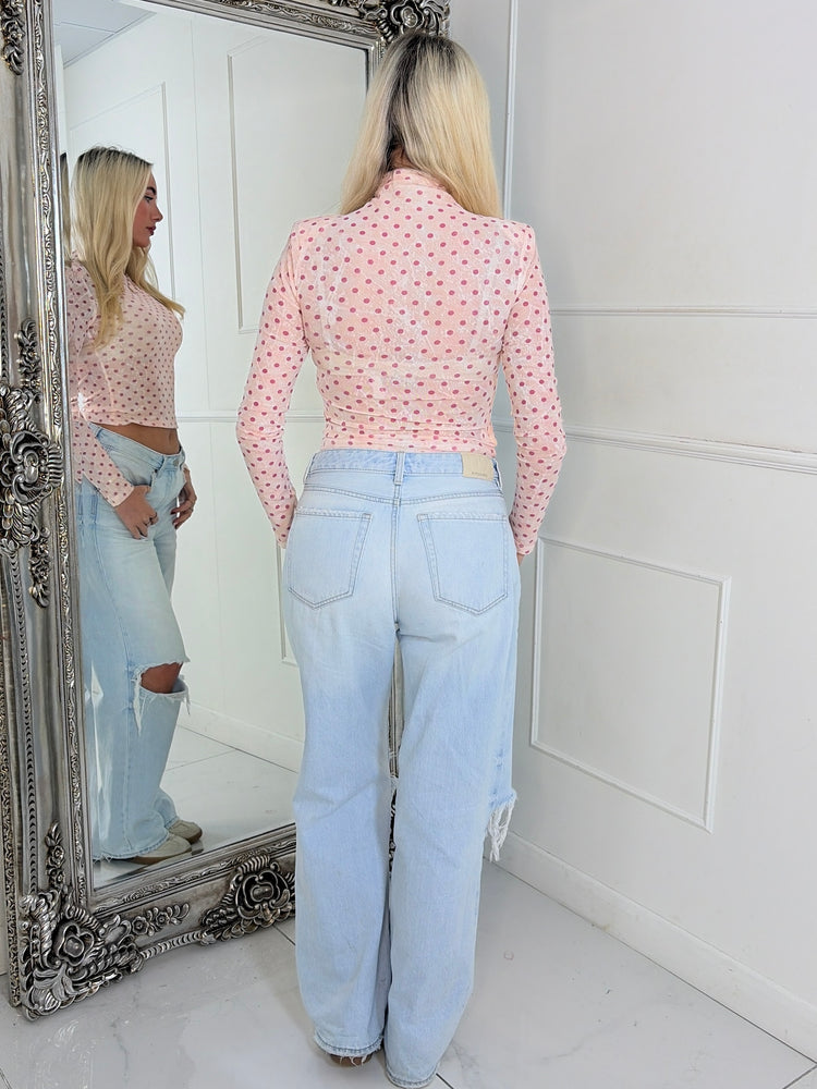 High Neck Long Sleeve Mesh Polka Dot Top - Pink