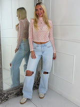 High Neck Long Sleeve Mesh Polka Dot Top - Pink