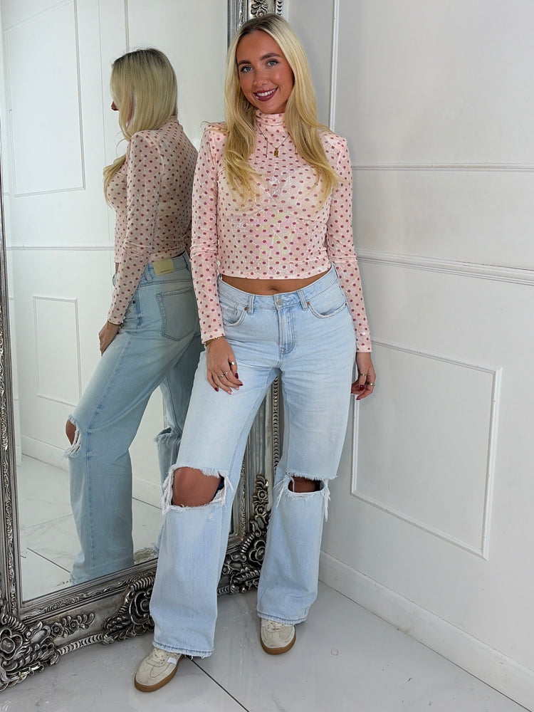 High Neck Long Sleeve Mesh Polka Dot Top - Pink
