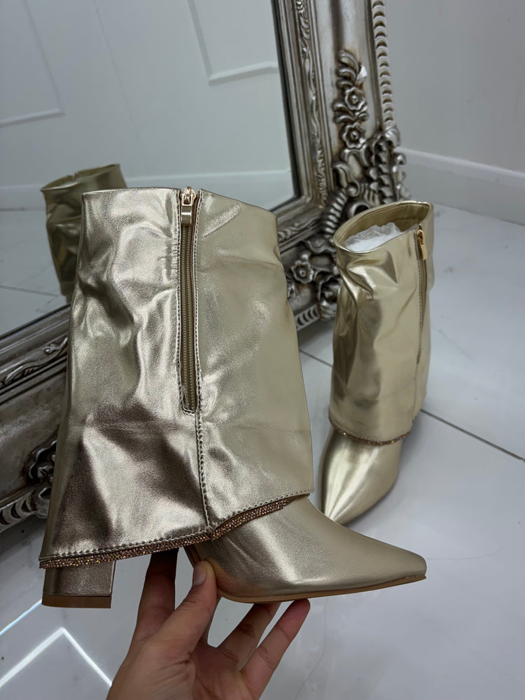 Fold Over Diamante Trim Heeled Boots - Gold