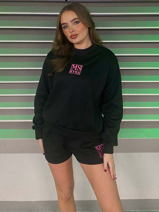 Miskyra Embroidered Sweatshirt & Shorts Set - Black