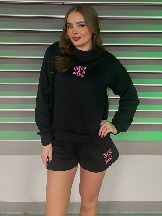 Miskyra Embroidered Sweatshirt & Shorts Set - Black