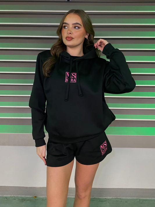 Miskyra Embroidered Hoodie & Shorts Set - Black