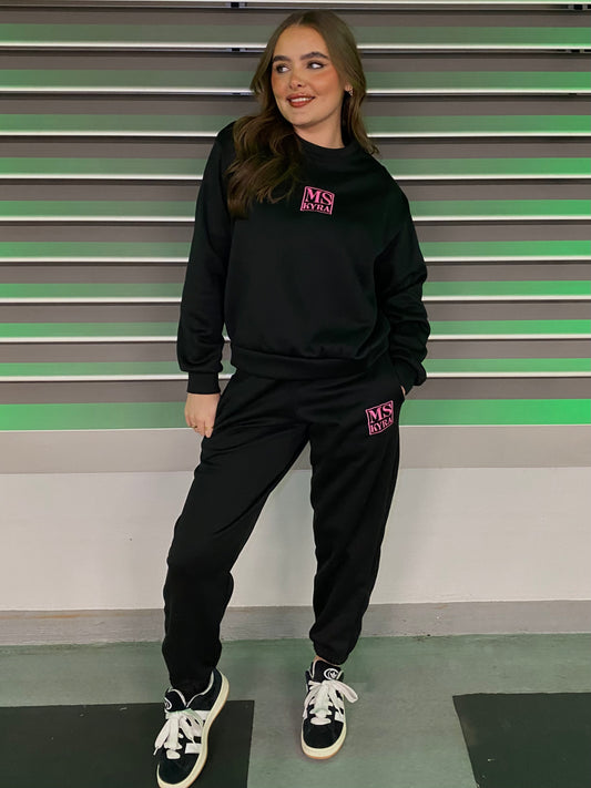 Miskyra Embroidered Sweatshirt & Jogger Set - Black