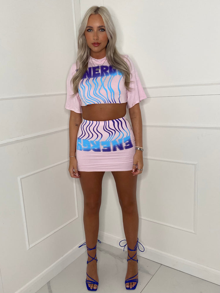 Cropped T-Shirt Co-ord - Baby Pink Energy Print