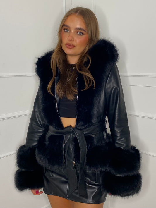 Hooded Faux Fur Detail Leather Jacket - Black