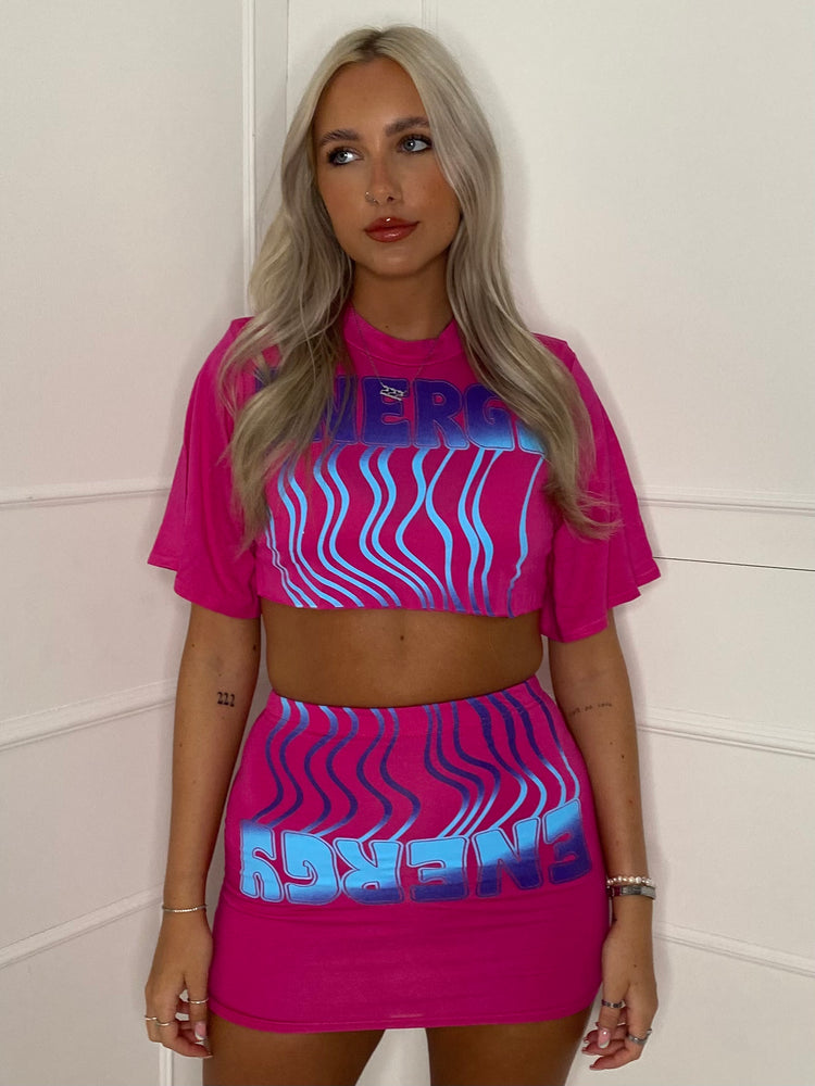 Cropped T-Shirt Co-ord - Hot Pink Energy Print