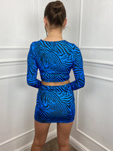 Printed Slit Sleeve Skirt Co-Ord- Blue Zebra